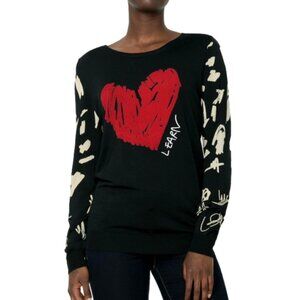 Desigual Black Heart Valentines Sweater Pullover Doodle Sleeve Art Knit Top L